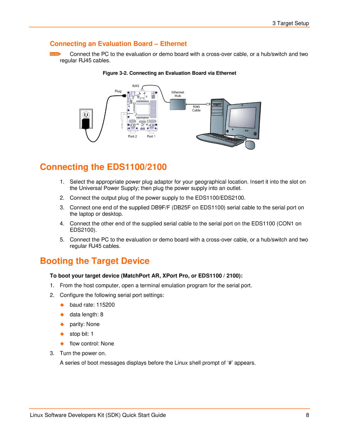 Lantronix EDS2100 Connecting the EDS1100/2100, Booting the Target Device, Connecting an Evaluation Board Ethernet 