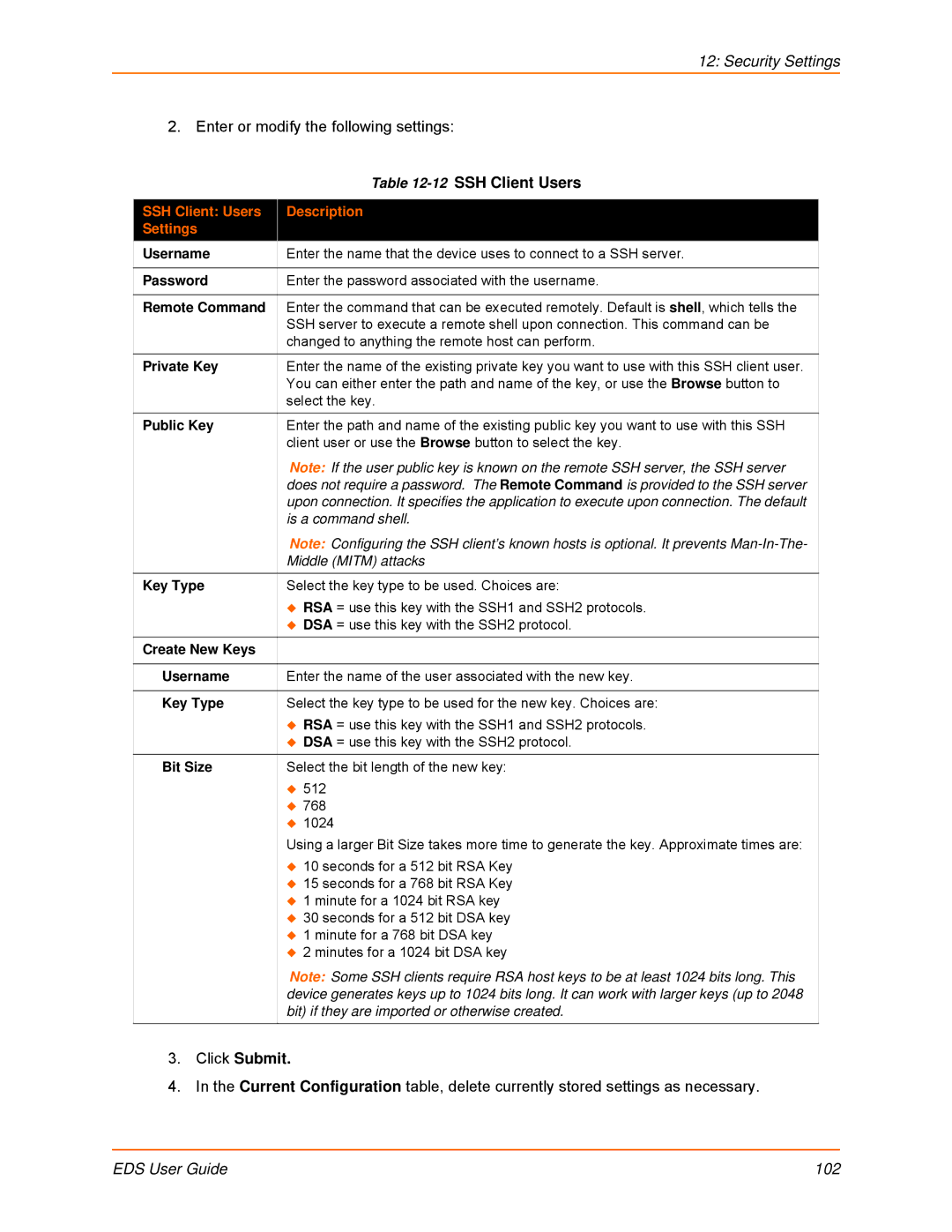 Lantronix EDS32PR, EDS16PR, EDS4100 SSH Client Users Description Settings, Remote Command, Create New Keys Username 