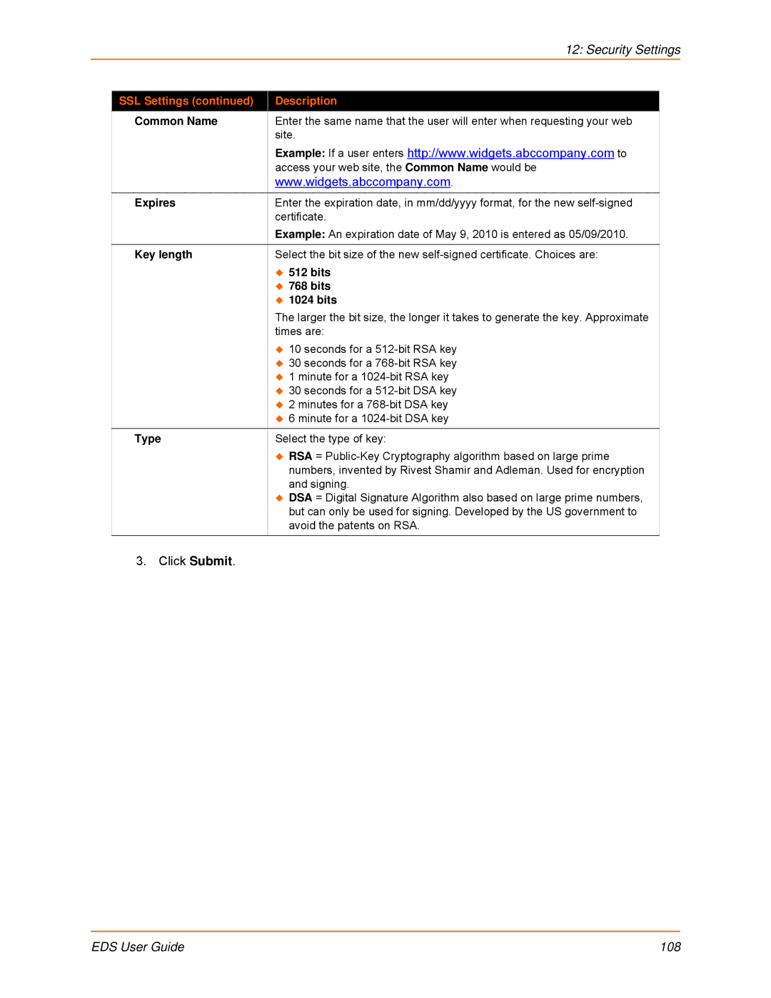 Lantronix EDS32PR, EDS16PR, EDS4100, EDS8PR, EDS16PS manual Common Name, Expires, Key length,  512 bits  768 bits  1024 bits 
