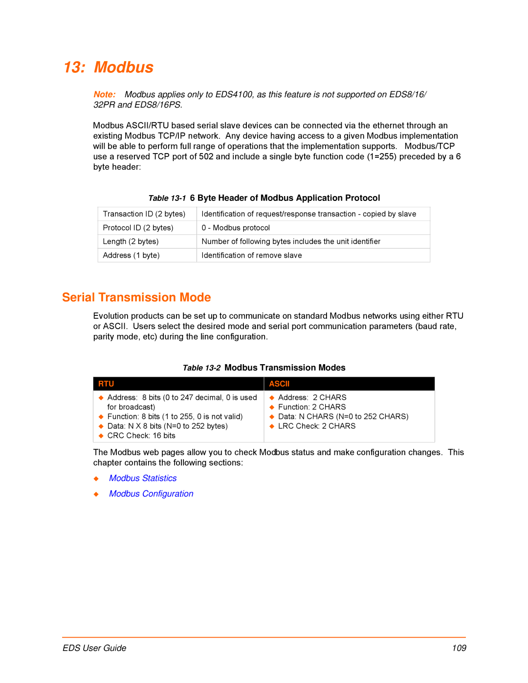 Lantronix EDS16PR Serial Transmission Mode, Byte Header of Modbus Application Protocol, 2Modbus Transmission Modes 