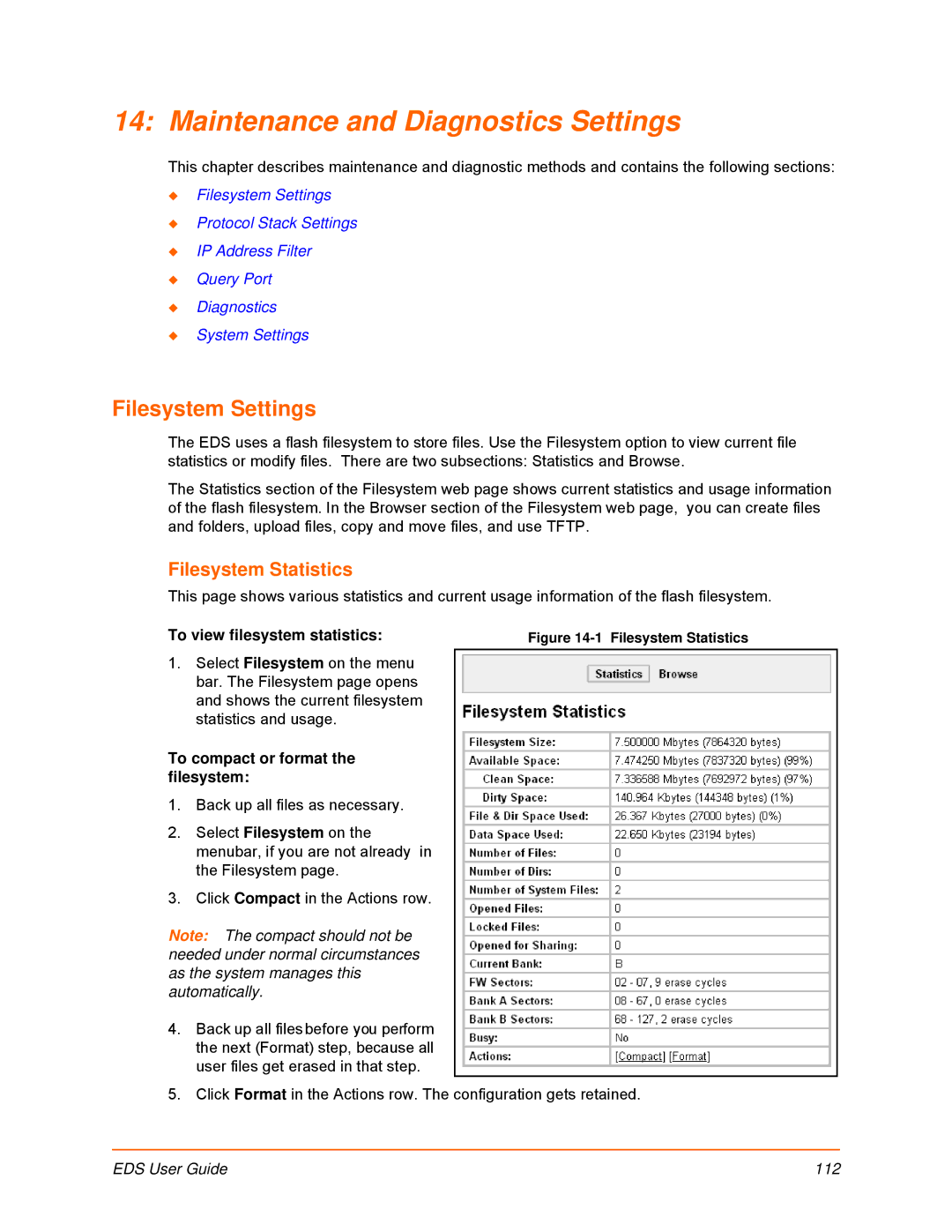 Lantronix EDS16PS, EDS32PR, EDS16PR, EDS8PR Maintenance and Diagnostics Settings, Filesystem Settings, Filesystem Statistics 