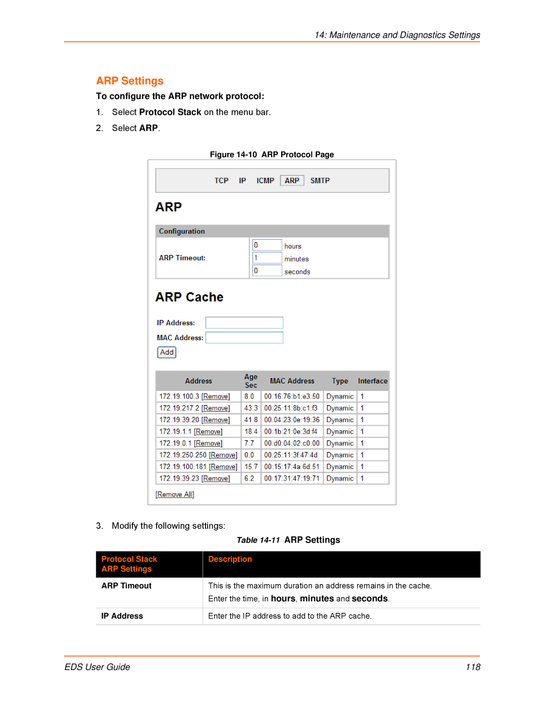 Lantronix EDS16PS, EDS32PR To configure the ARP network protocol, Protocol StackDescription ARP Settings, ARP Timeout 