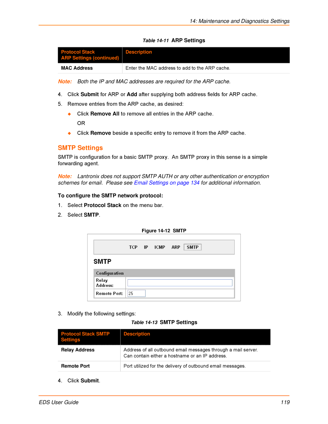 Lantronix EDS8PS, EDS32PR manual Smtp Settings, Maintenance and Diagnostics Settings, To configure the Smtp network protocol 