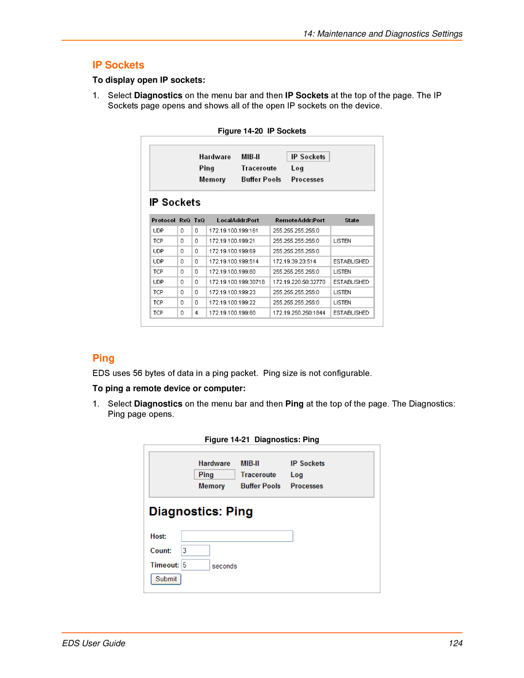 Lantronix EDS16PS, EDS32PR, EDS16PR manual IP Sockets, Ping, To display open IP sockets, To ping a remote device or computer 