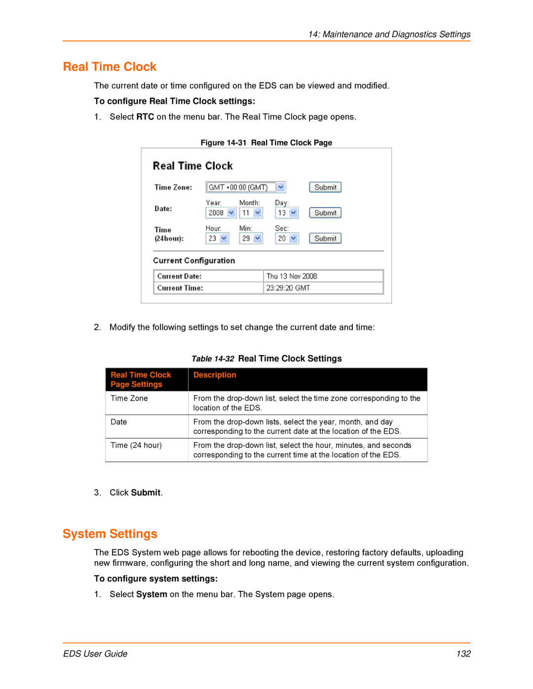 Lantronix EDS32PR, EDS16PR, EDS4100 System Settings, To configure Real Time Clock settings, Real Time Clock Settings 