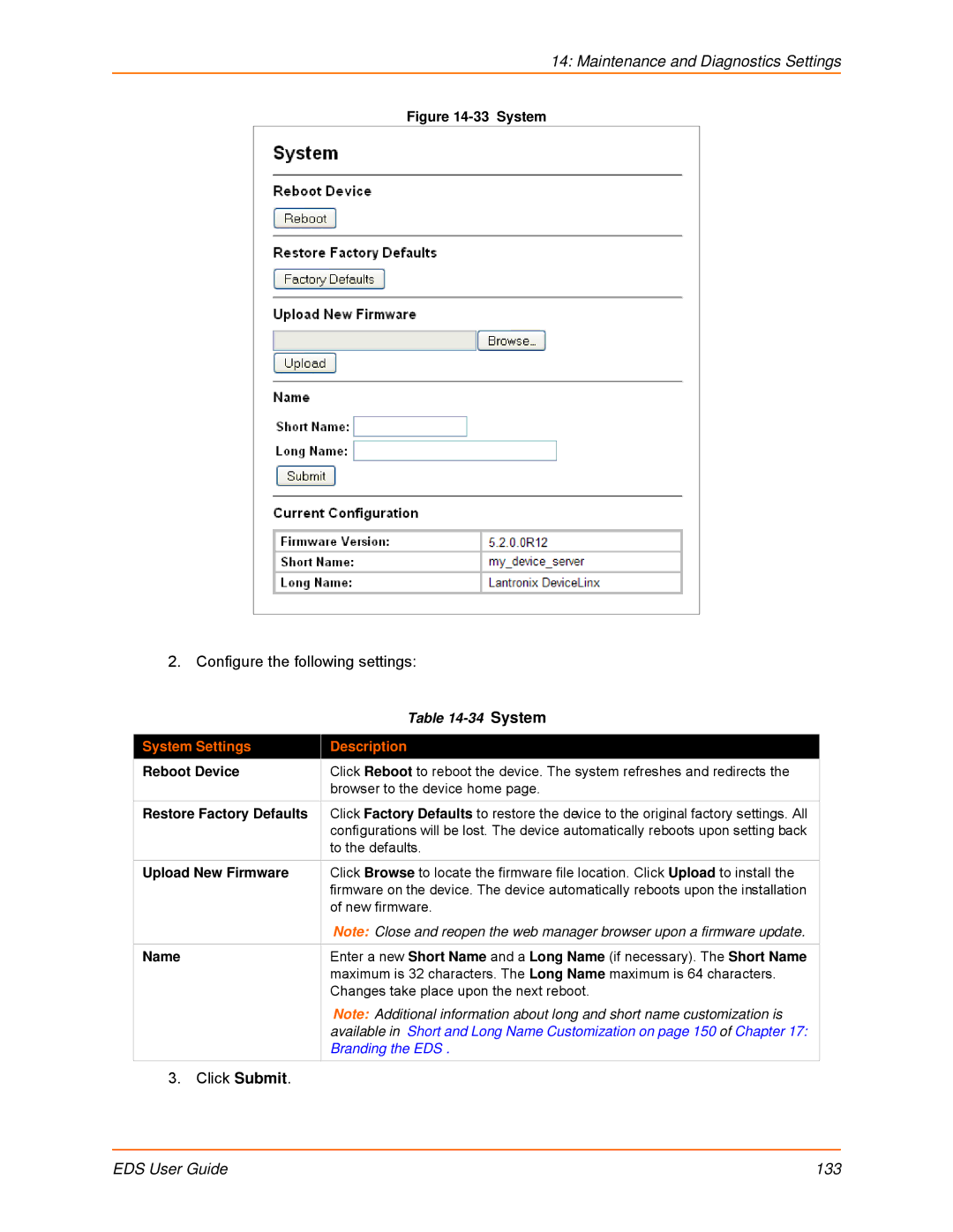 Lantronix EDS16PR, EDS32PR manual System Settings Description, Reboot Device, Restore Factory Defaults, Upload New Firmware 