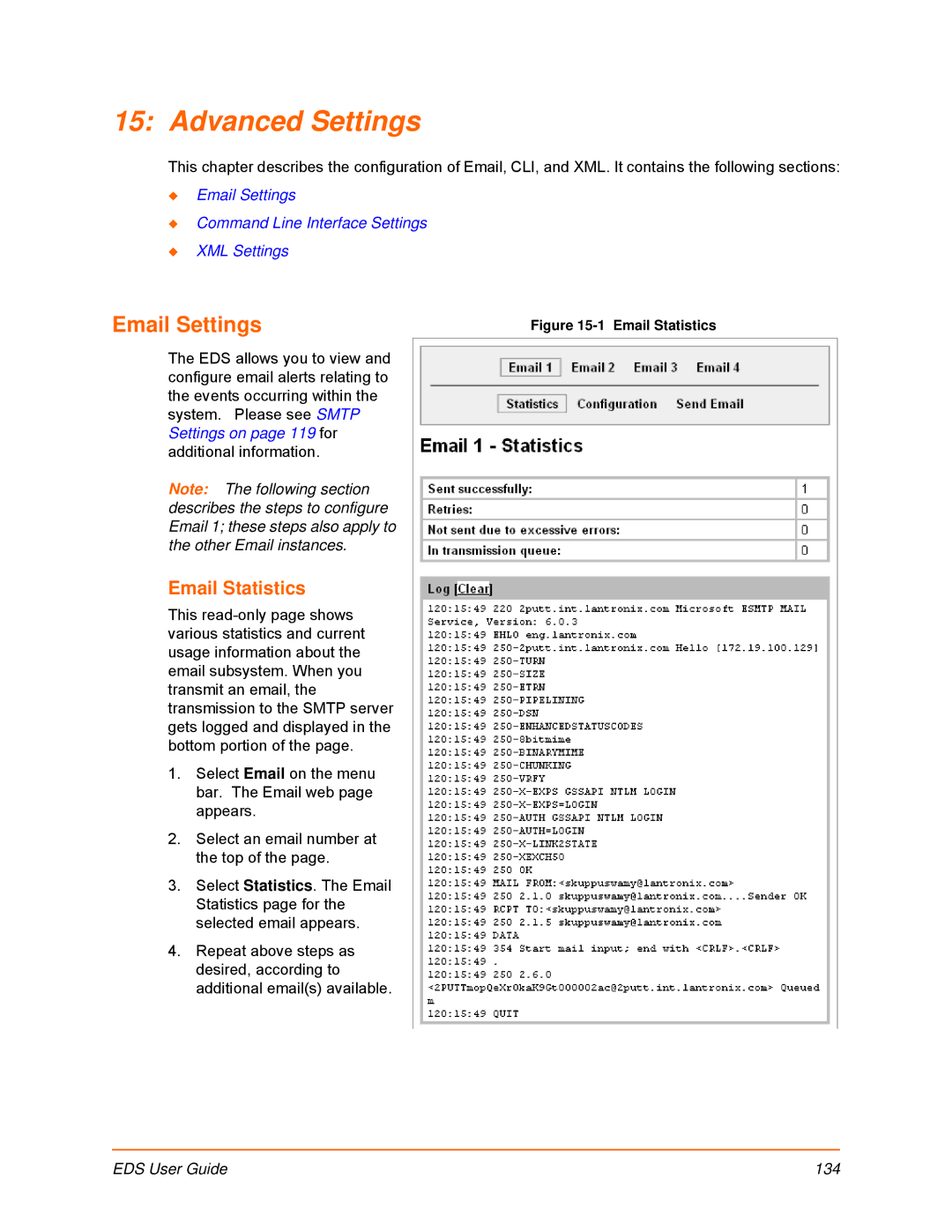 Lantronix EDS4100, EDS32PR, EDS16PR, EDS8PR, EDS16PS, EDS8PS manual Advanced Settings, Email Settings, Email Statistics 
