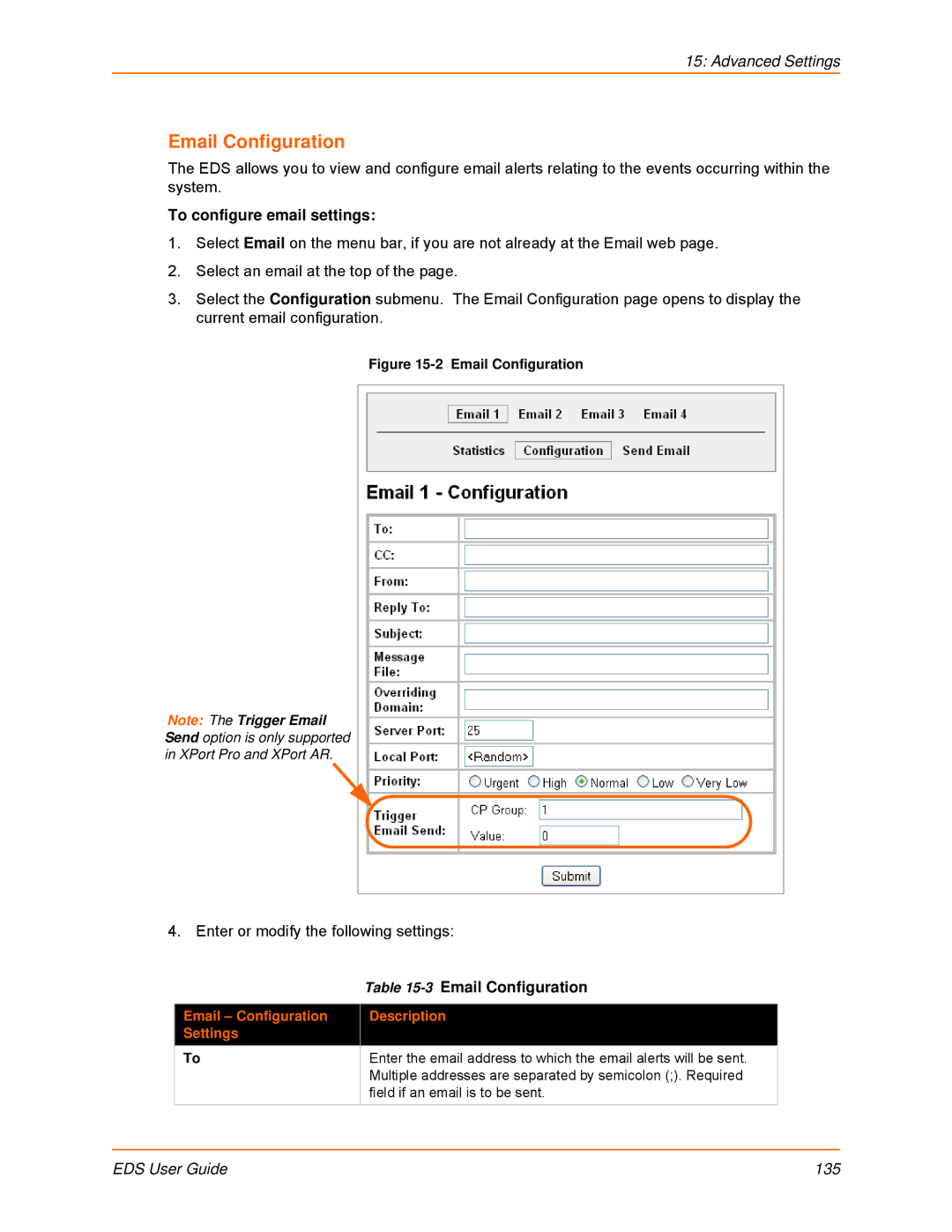 Lantronix EDS8PR, EDS32PR, EDS16PR, EDS4100, EDS8PS To configure email settings, Email Configuration Description Settings 