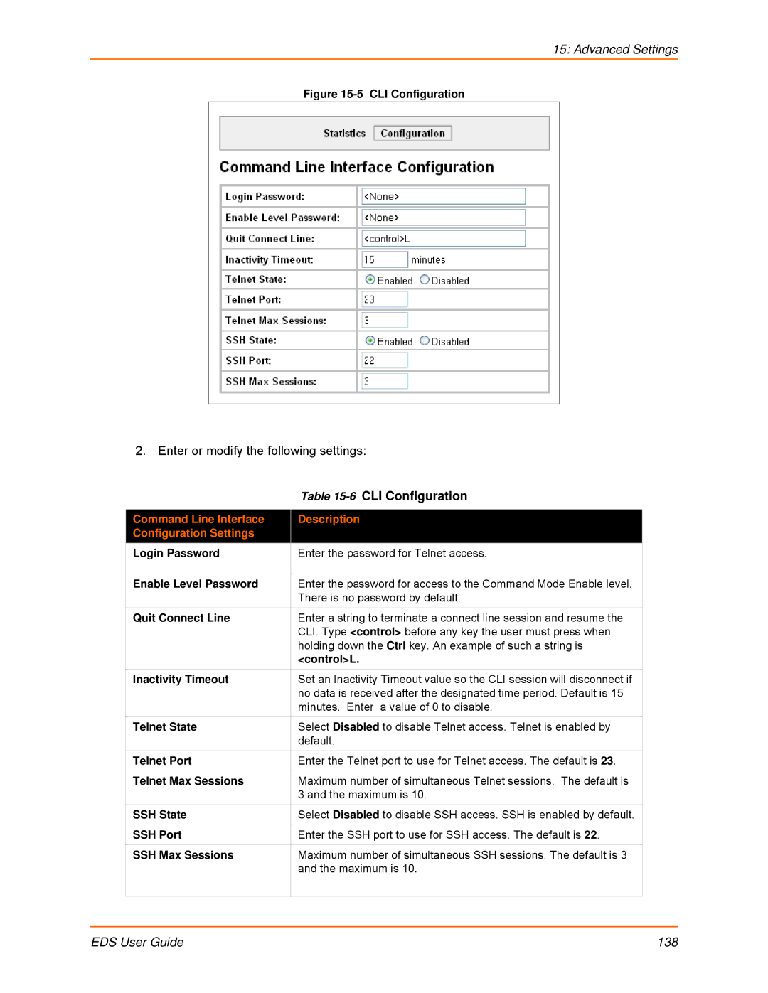 Lantronix EDS32PR, EDS16PR, EDS4100, EDS8PR 6CLI Configuration, Command Line Interface Description Configuration Settings 