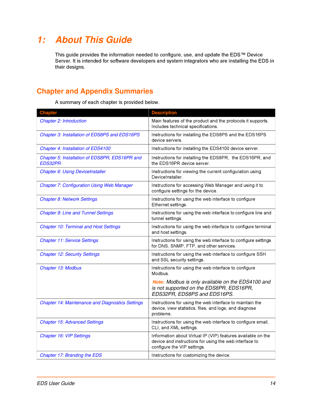 Lantronix EDS4100, EDS32PR, EDS16PR, EDS8PR, EDS16PS About This Guide, Chapter and Appendix Summaries, Chapter Description 