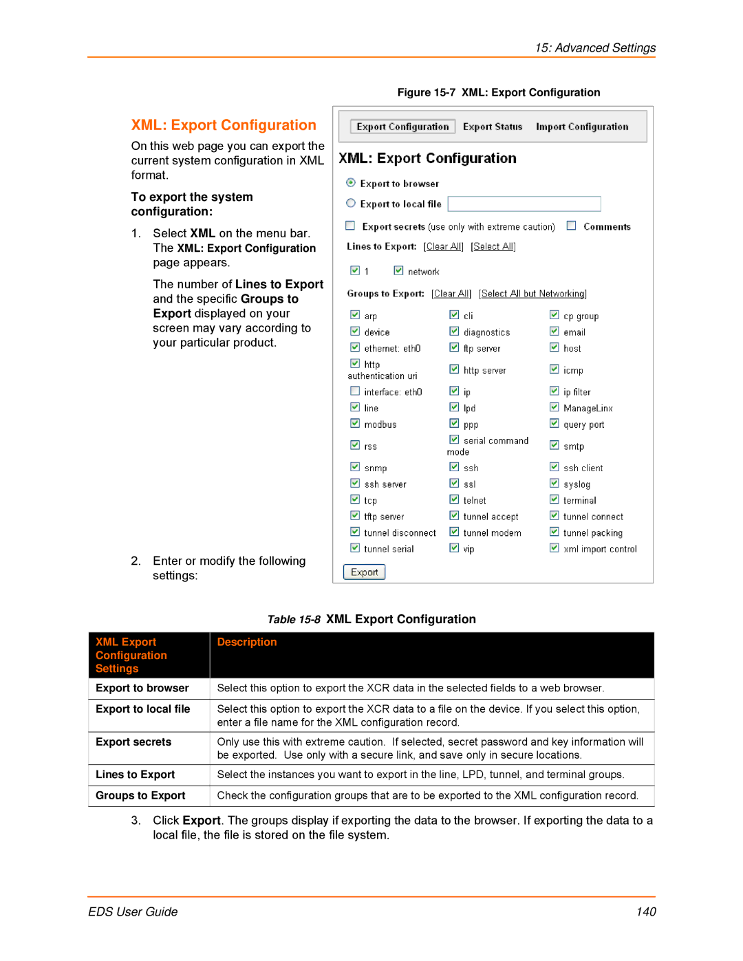 Lantronix EDS4100, EDS32PR, EDS16PR, EDS8PR, EDS16PS, EDS8PS manual XML Export Configuration, To export the system configuration 