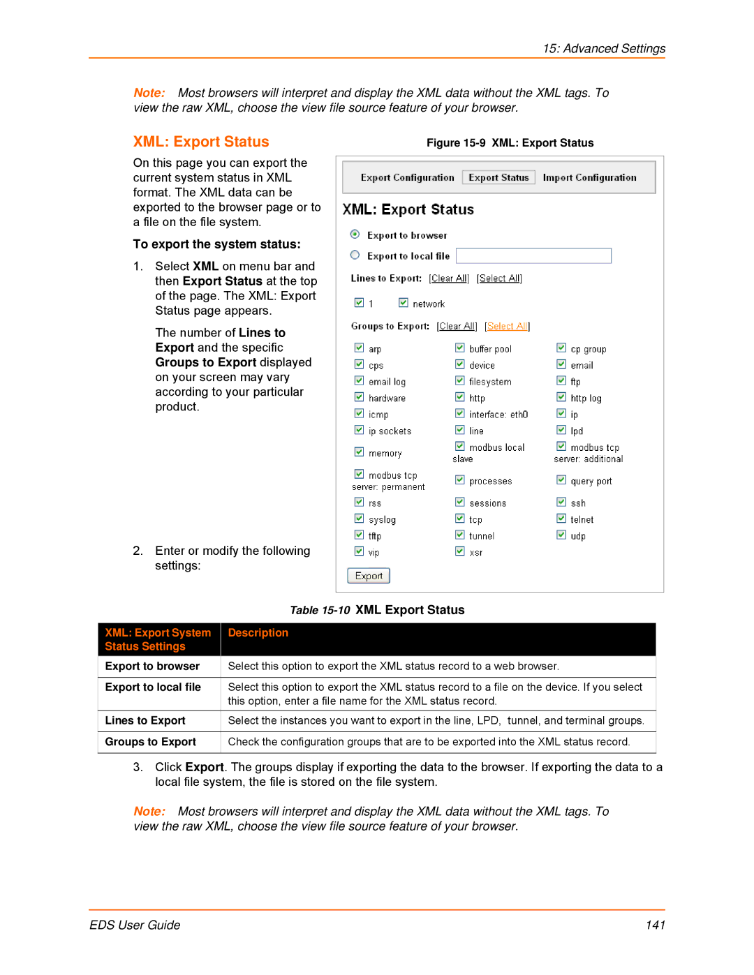 Lantronix EDS8PR manual To export the system status, 10XML Export Status, XML Export System Description Status Settings 