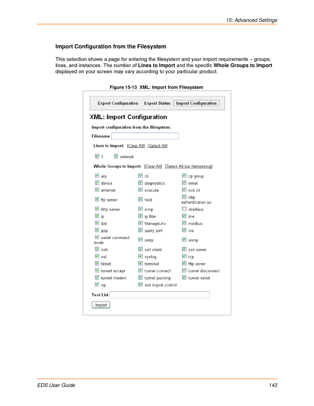 Lantronix EDS8PS, EDS32PR, EDS16PR, EDS4100, EDS8PR manual Import Configuration from the Filesystem, XML Import from Filesystem 