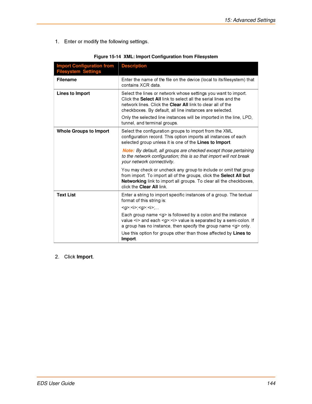 Lantronix EDS32PR, EDS16PR, EDS4100, EDS8PR, EDS16PS, EDS8PS manual Import Configuration from Description Filesystem Settings 