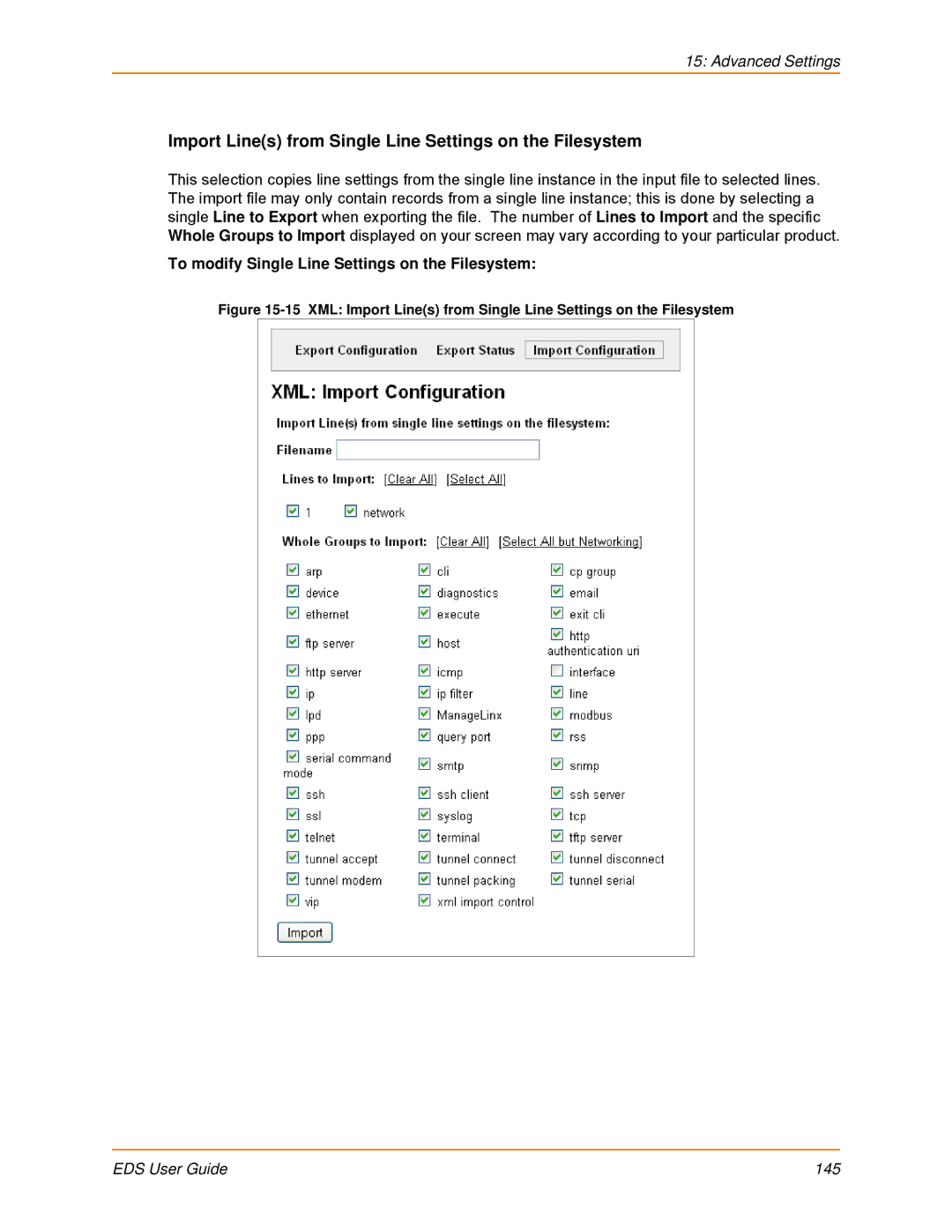 Lantronix EDS16PR, EDS32PR, EDS4100, EDS8PR, EDS16PS, EDS8PS manual Import Lines from Single Line Settings on the Filesystem 