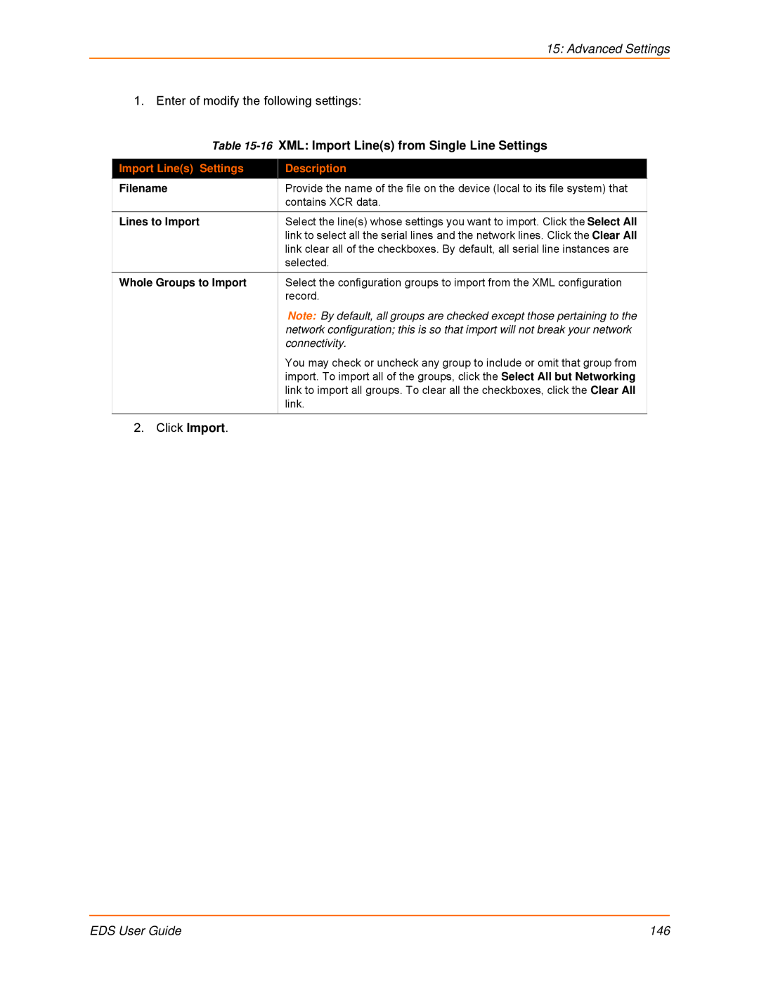 Lantronix EDS4100, EDS32PR, EDS16PR, EDS8PR 16XML Import Lines from Single Line Settings, Import Lines Settings Description 