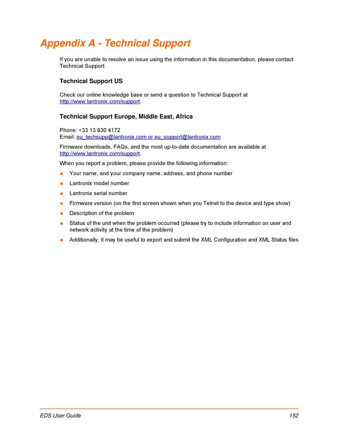 Lantronix EDS4100 manual Appendix a Technical Support, Technical Support US, Technical Support Europe, Middle East, Africa 