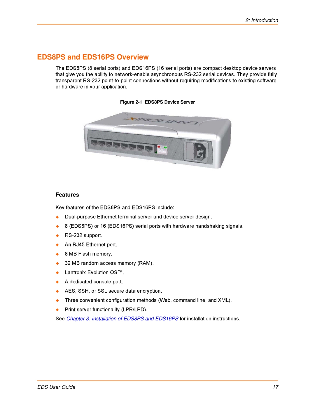 Lantronix EDS32PR, EDS16PR, EDS4100, EDS8PR manual EDS8PS and EDS16PS Overview, Features 