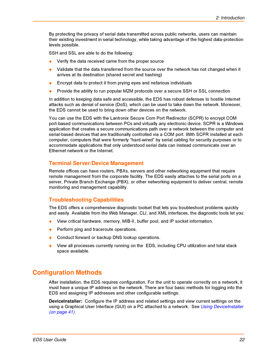 Lantronix EDS16PS, EDS32PR, EDS16PR Configuration Methods, Terminal Server/Device Management, Troubleshooting Capabilities 