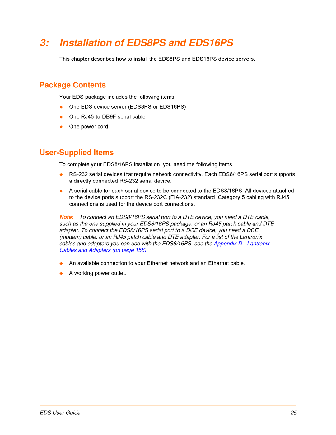 Lantronix EDS16PR, EDS32PR, EDS4100, EDS8PR manual Installation of EDS8PS and EDS16PS, Package Contents, User-Supplied Items 