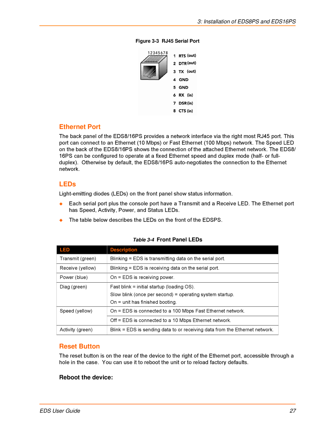 Lantronix EDS8PR, EDS32PR, EDS16PR, EDS4100, EDS16PS Ethernet Port, Reset Button, Reboot the device, 4Front Panel LEDs 