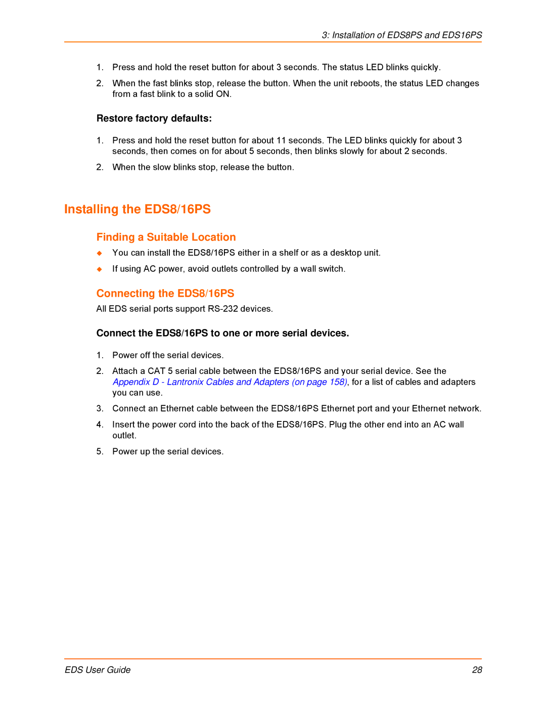 Lantronix EDS16PS, EDS32PR, EDS16PR, EDS4100 Installing the EDS8/16PS, Finding a Suitable Location, Connecting the EDS8/16PS 