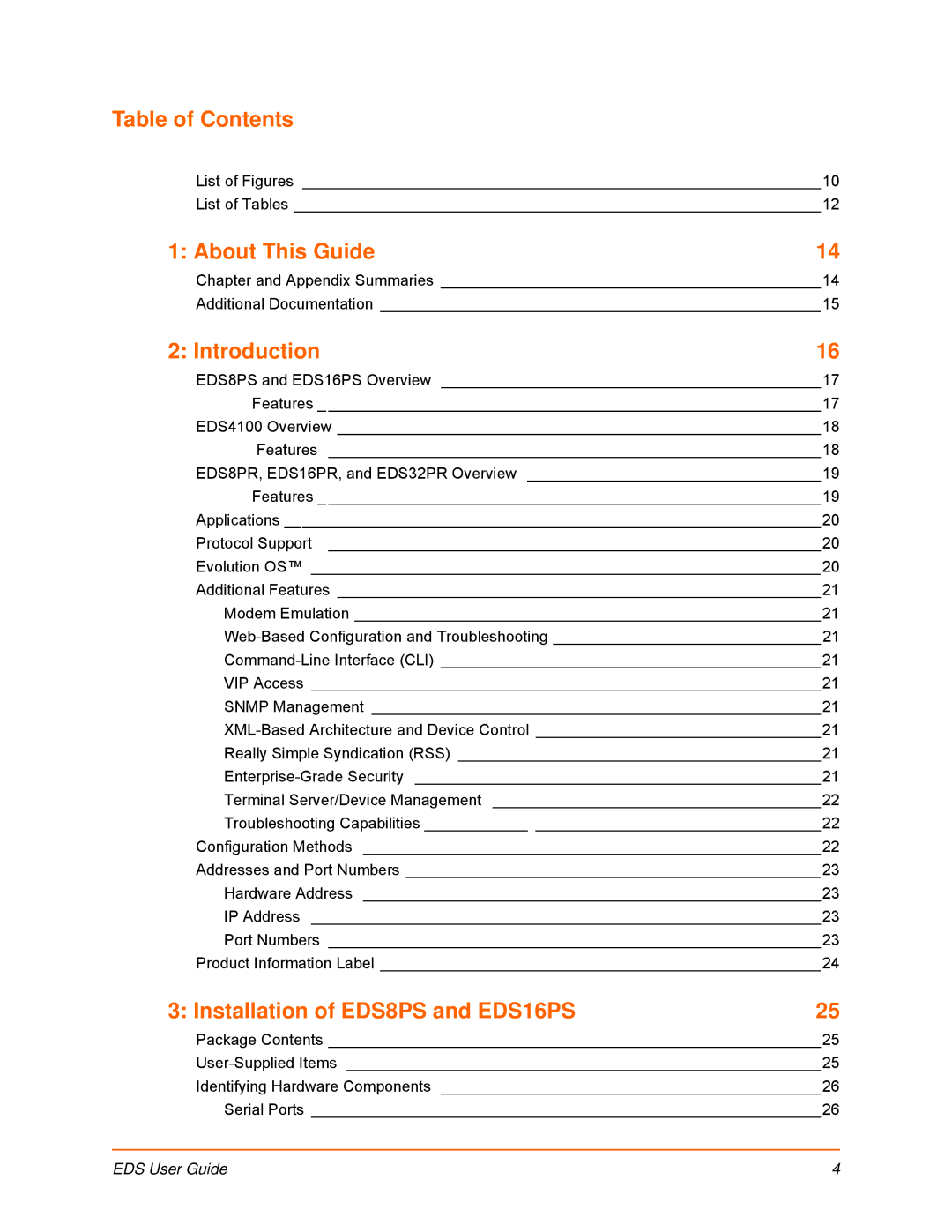 Lantronix EDS32PR, EDS16PR, EDS8PR Table of Contents, About This Guide, Introduction, Installation of EDS8PS and EDS16PS 