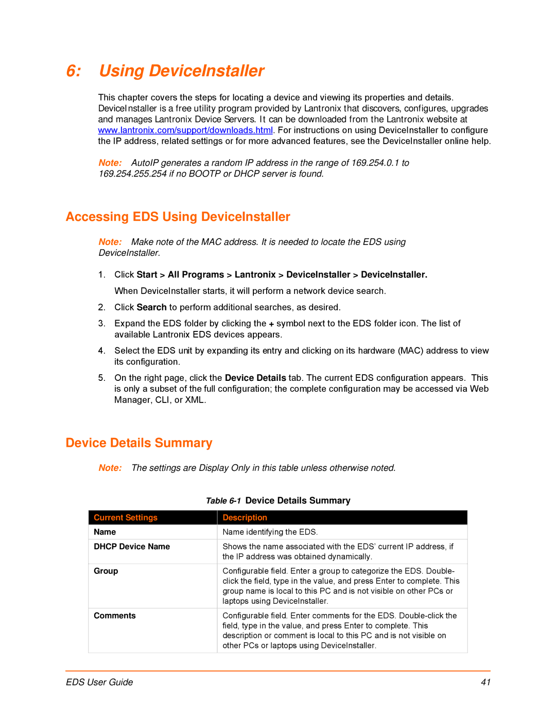 Lantronix EDS8PS, EDS32PR Accessing EDS Using DeviceInstaller, Device Details Summary, Current Settings Description 