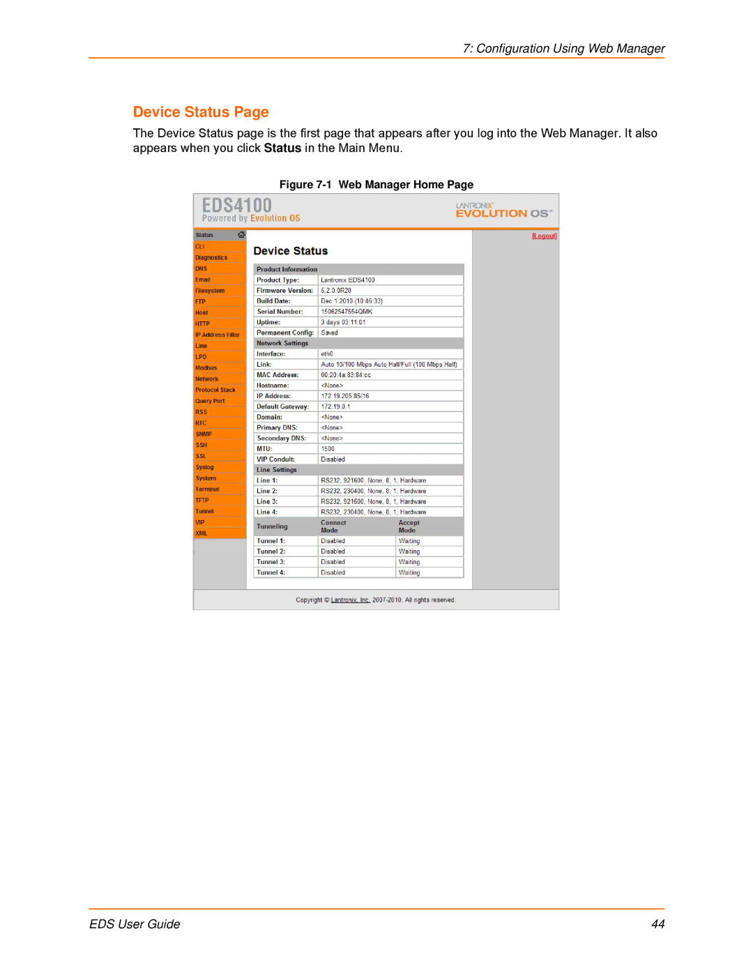 Lantronix EDS4100, EDS32PR, EDS16PR, EDS8PR, EDS16PS, EDS8PS manual Device Status, Web Manager Home 