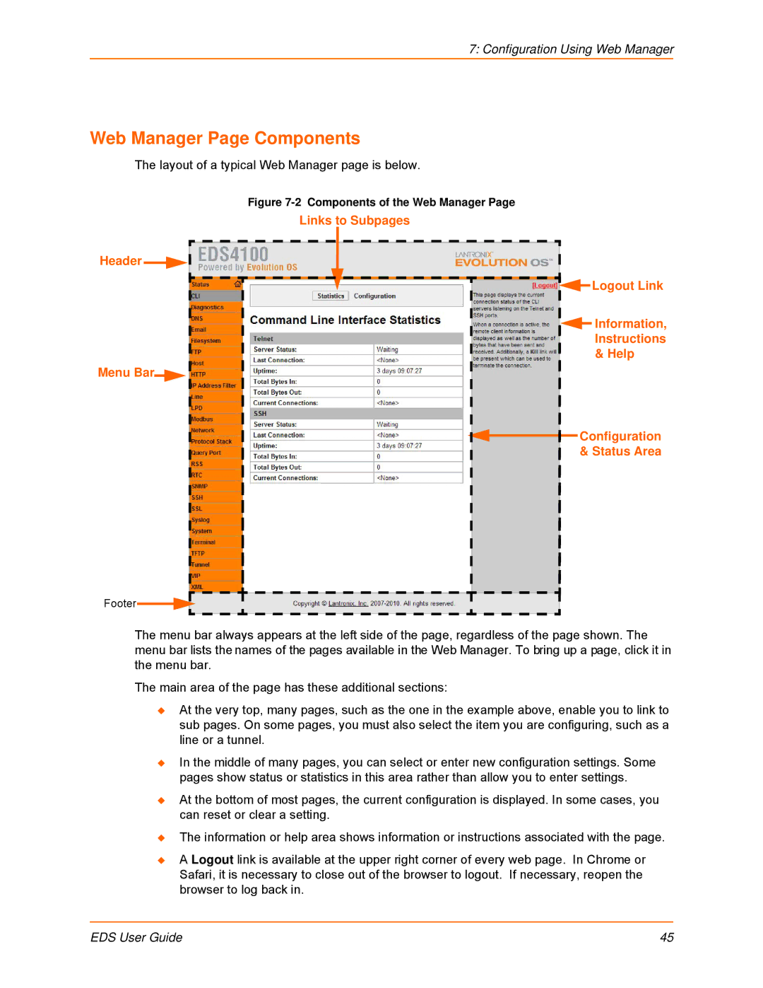 Lantronix EDS8PR, EDS32PR, EDS16PR, EDS4100, EDS16PS, EDS8PS manual Web Manager Page Components, Components of the Web Manager 