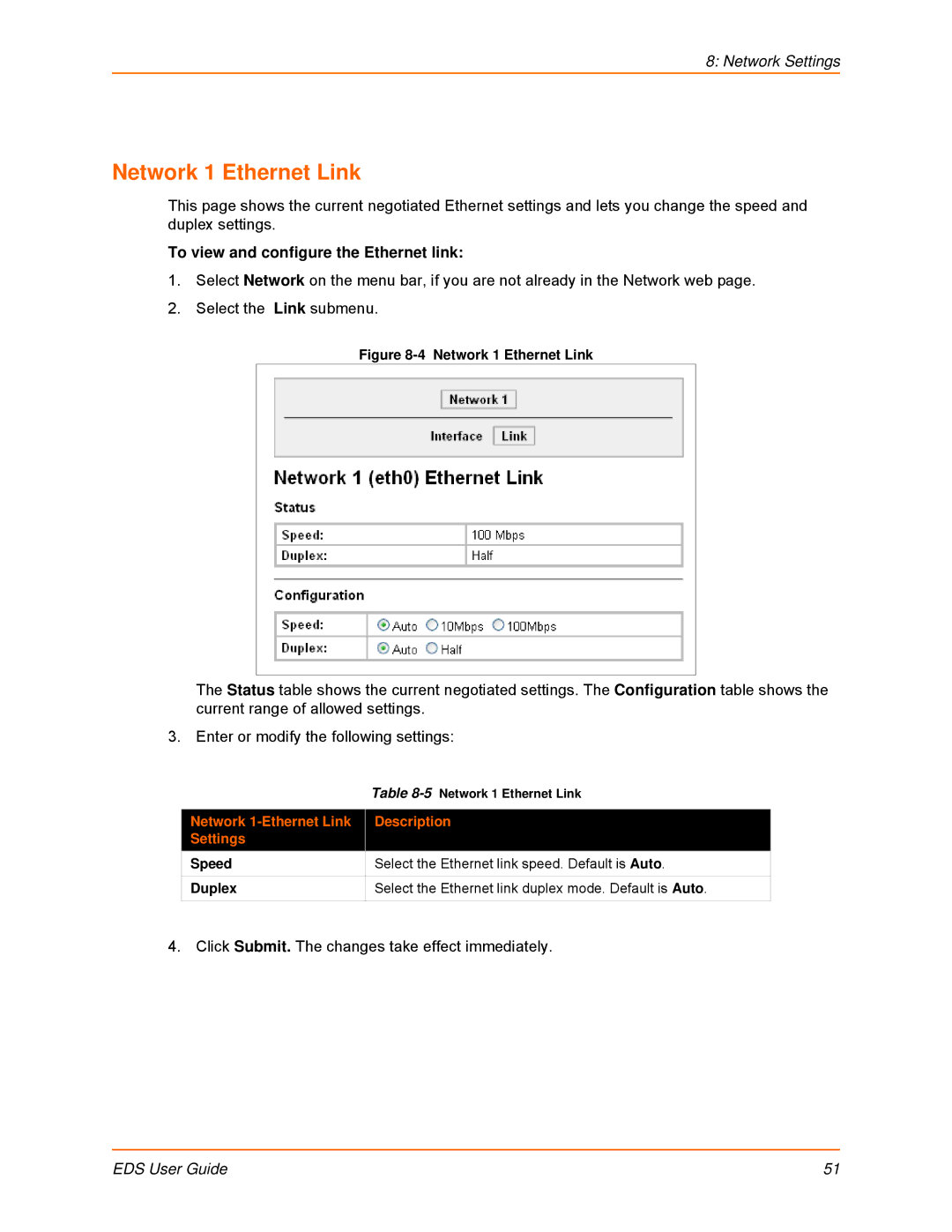 Lantronix EDS8PR, EDS32PR, EDS16PR, EDS4100, EDS16PS, EDS8PS Network 1 Ethernet Link, To view and configure the Ethernet link 