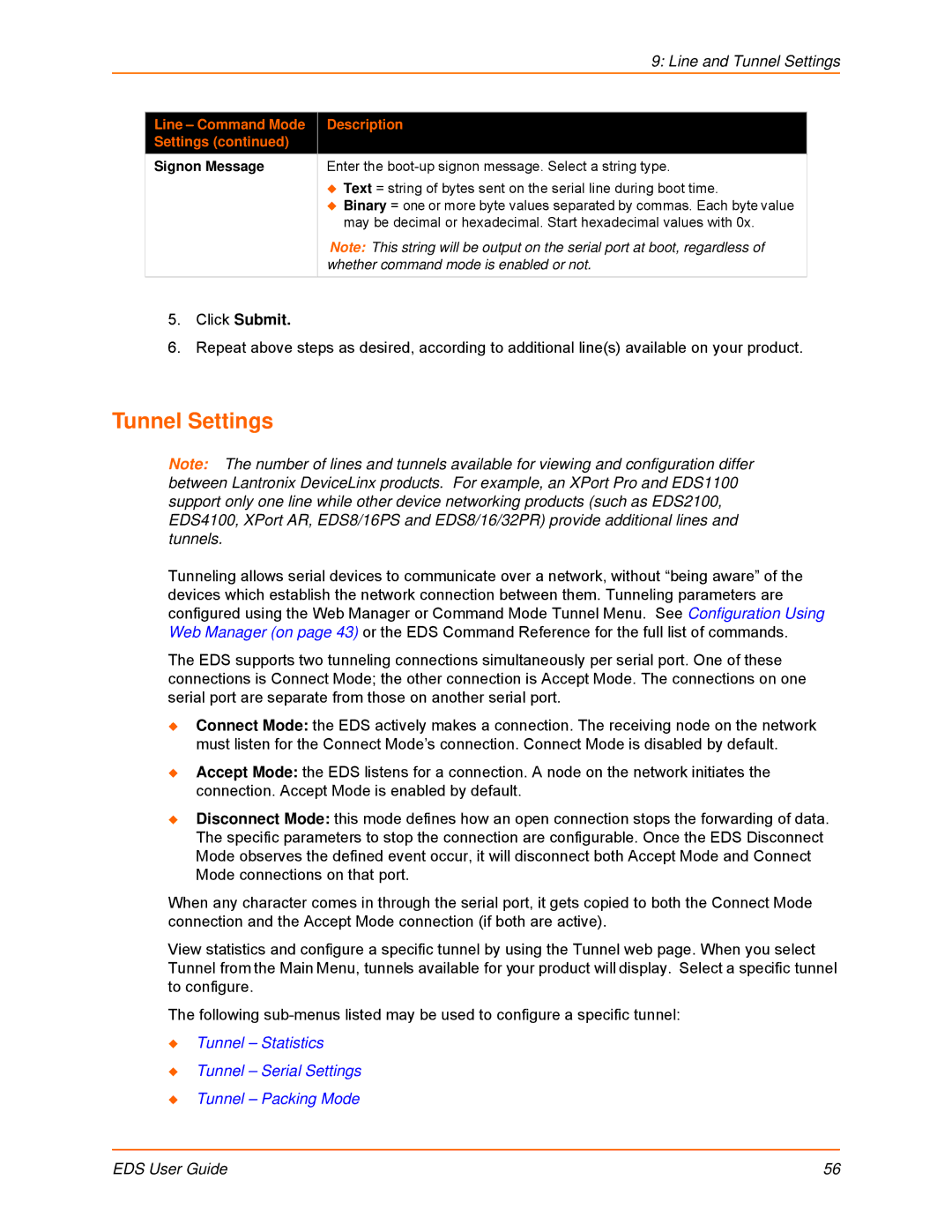 Lantronix EDS4100, EDS32PR, EDS16PR, EDS8PR, EDS16PS, EDS8PS manual Tunnel Settings, Signon Message 