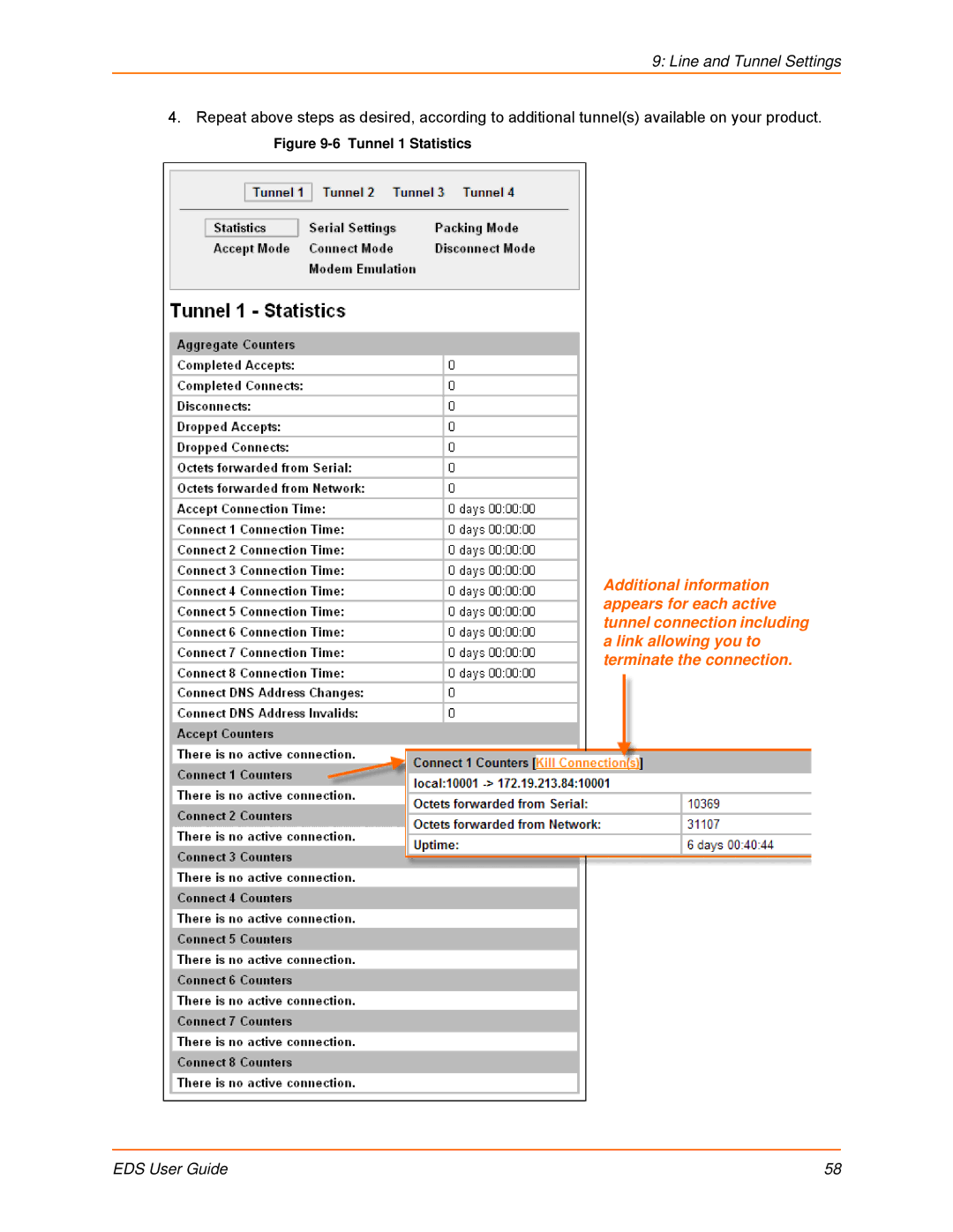 Lantronix EDS16PS, EDS32PR, EDS16PR, EDS4100, EDS8PR, EDS8PS manual Tunnel 1 Statistics 