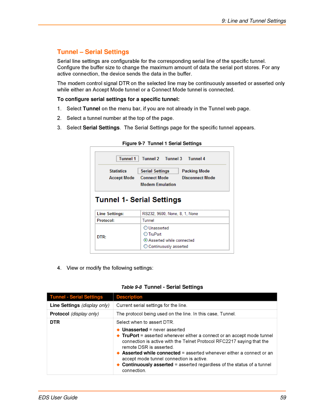 Lantronix EDS8PS, EDS32PR, EDS16PR, EDS4100 manual Tunnel Serial Settings, To configure serial settings for a specific tunnel 