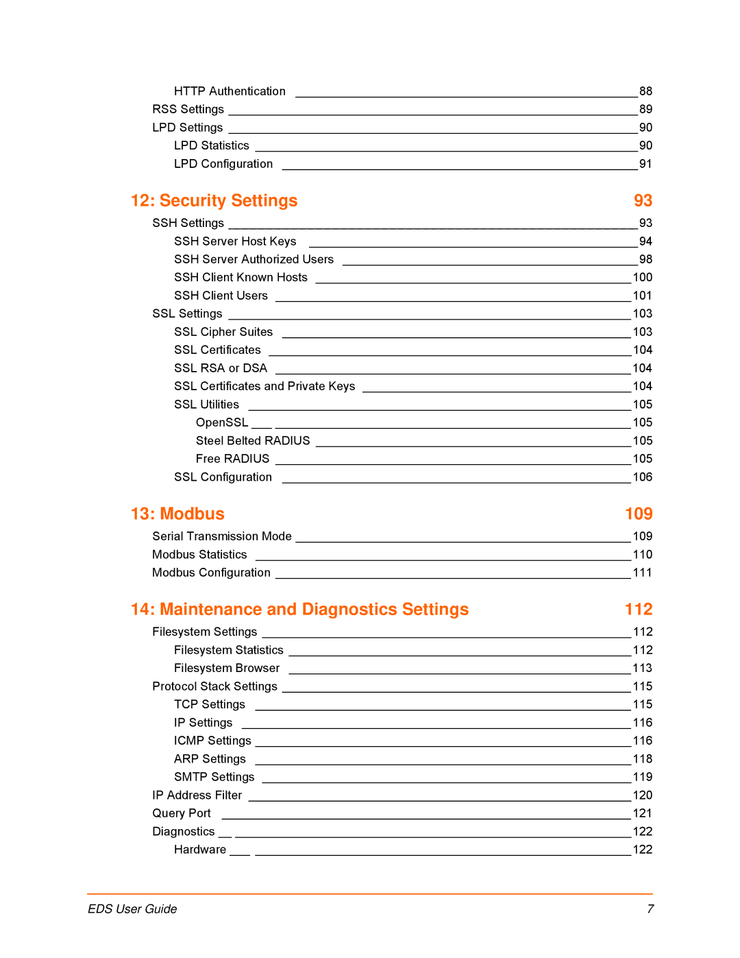 Lantronix EDS16PR, EDS32PR, EDS4100, EDS8PR, EDS16PS Security Settings, Modbus 109, Maintenance and Diagnostics Settings 112 