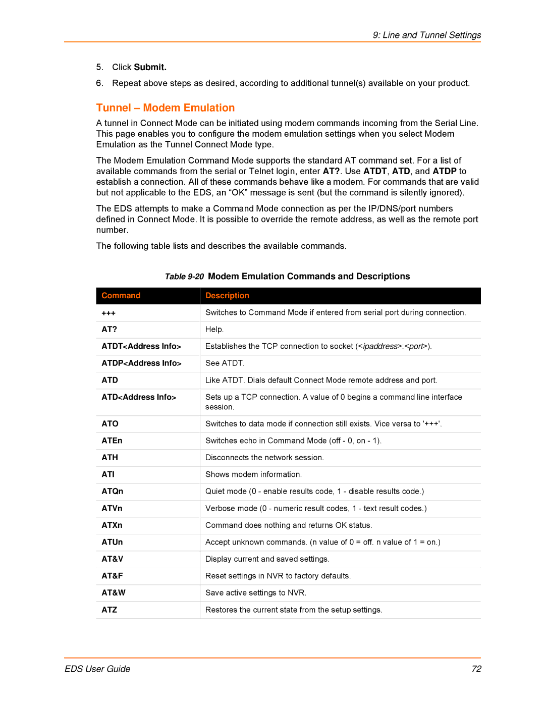 Lantronix EDS32PR, EDS16PR, EDS8PR Tunnel Modem Emulation, 20Modem Emulation Commands and Descriptions, Command Description 