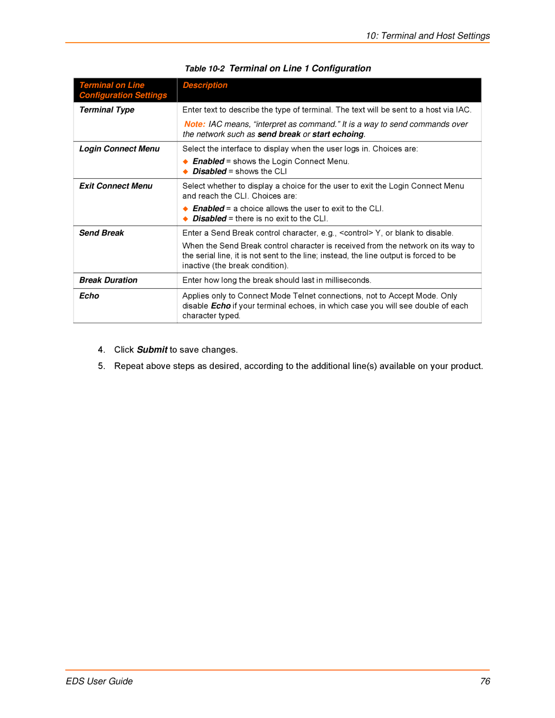 Lantronix EDS16PS, EDS32PR, EDS16PR 2Terminal on Line 1 Configuration, Terminal on Line Description Configuration Settings 