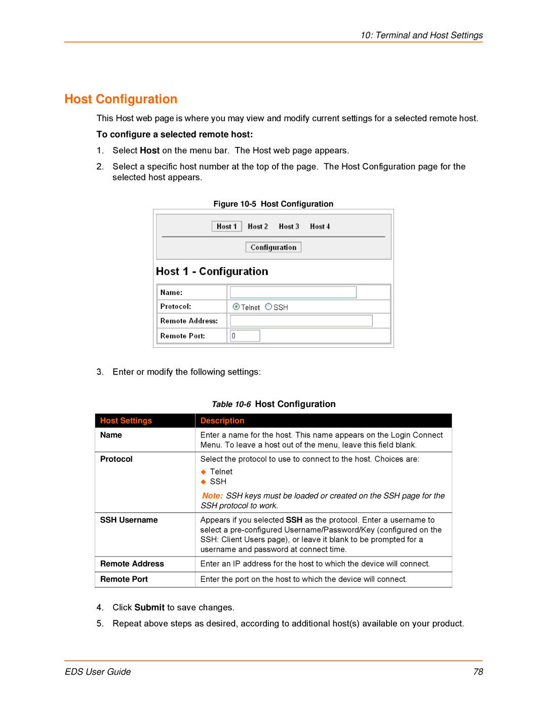 Lantronix EDS32PR, EDS16PR, EDS4100 manual Host Configuration, To configure a selected remote host, Host Settings Description 