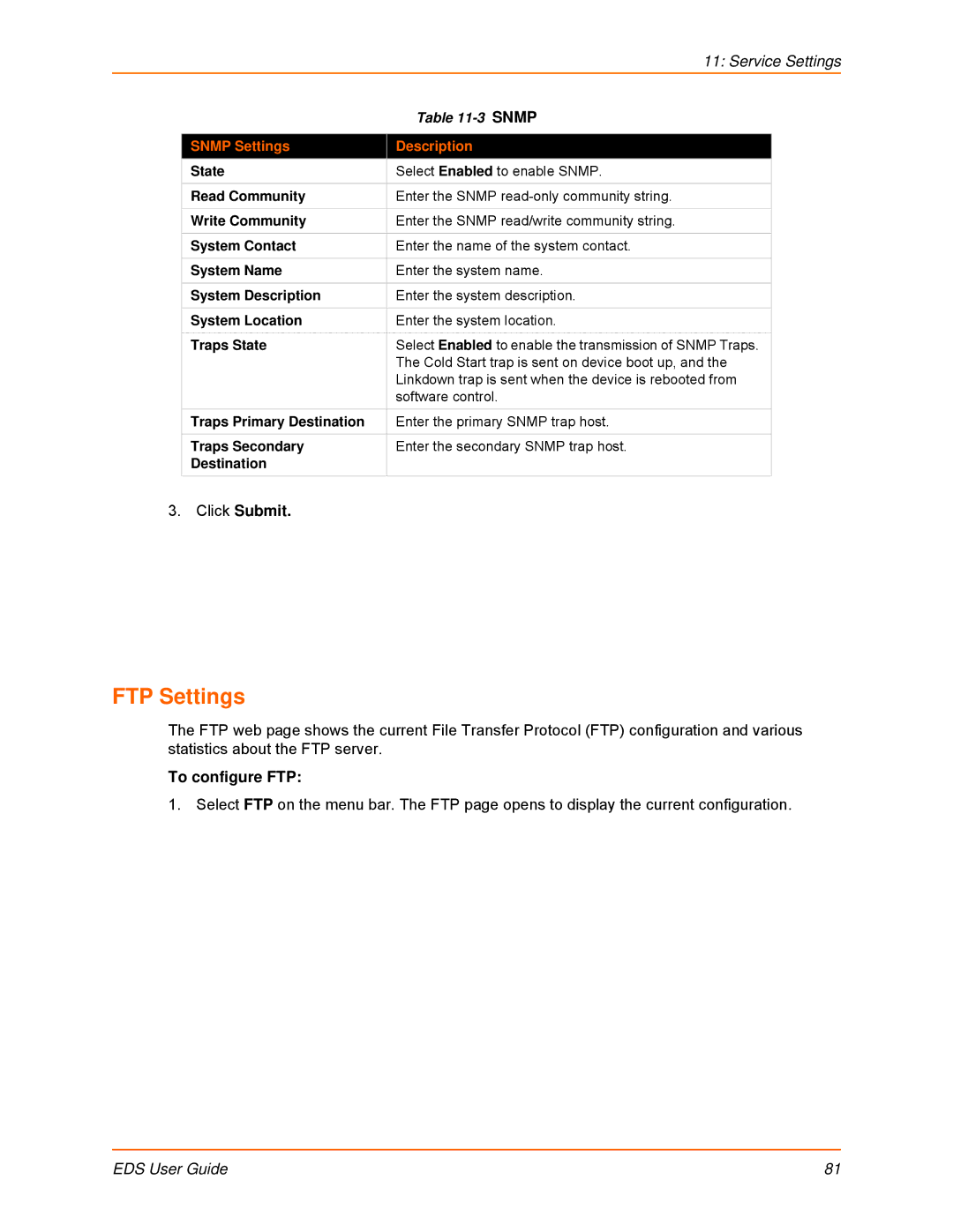 Lantronix EDS8PR, EDS32PR, EDS16PR, EDS4100, EDS16PS, EDS8PS manual FTP Settings, To configure FTP, Snmp Settings Description 