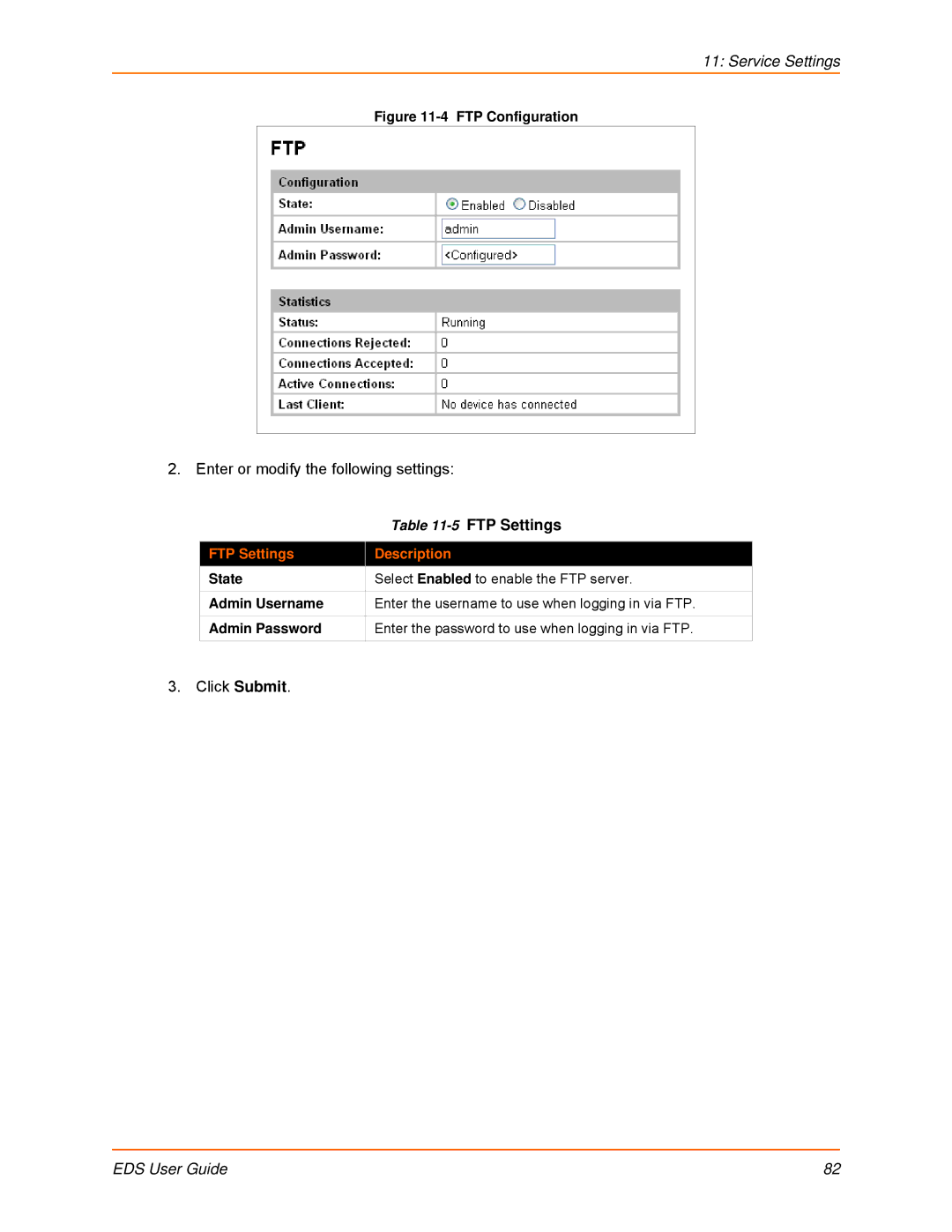 Lantronix EDS16PS, EDS32PR, EDS16PR, EDS4100, EDS8PR, EDS8PS manual Click Submit, FTP Settings Description 