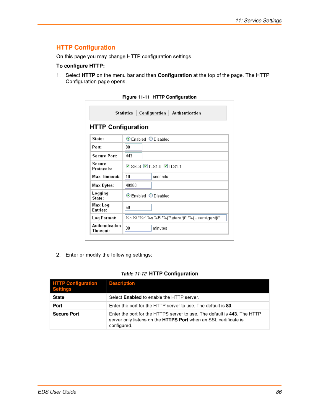 Lantronix EDS4100, EDS32PR, EDS16PR, EDS8PR, EDS16PS, EDS8PS To configure Http, Http Configuration Description Settings 