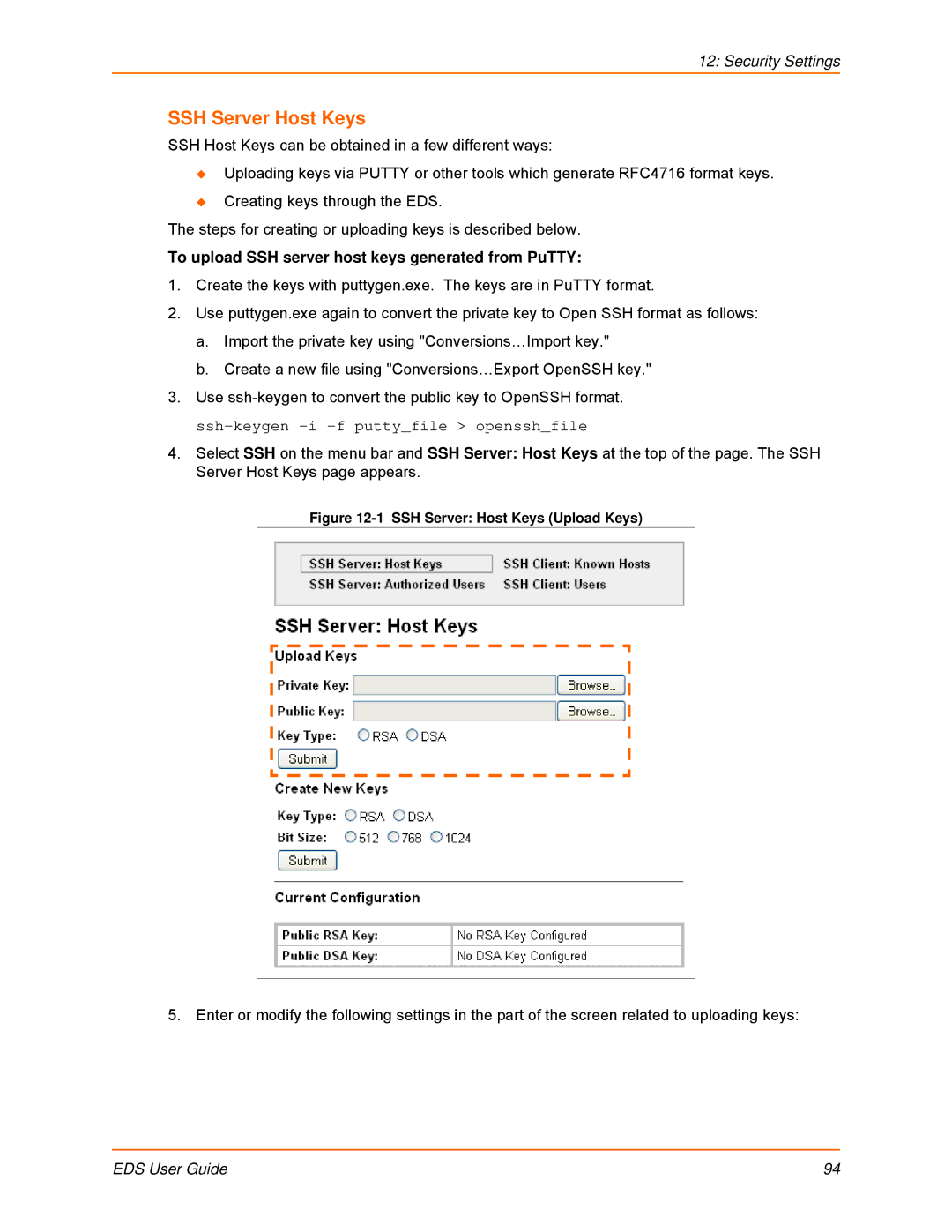 Lantronix EDS16PS, EDS32PR, EDS16PR, EDS4100 manual SSH Server Host Keys, To upload SSH server host keys generated from PuTTY 