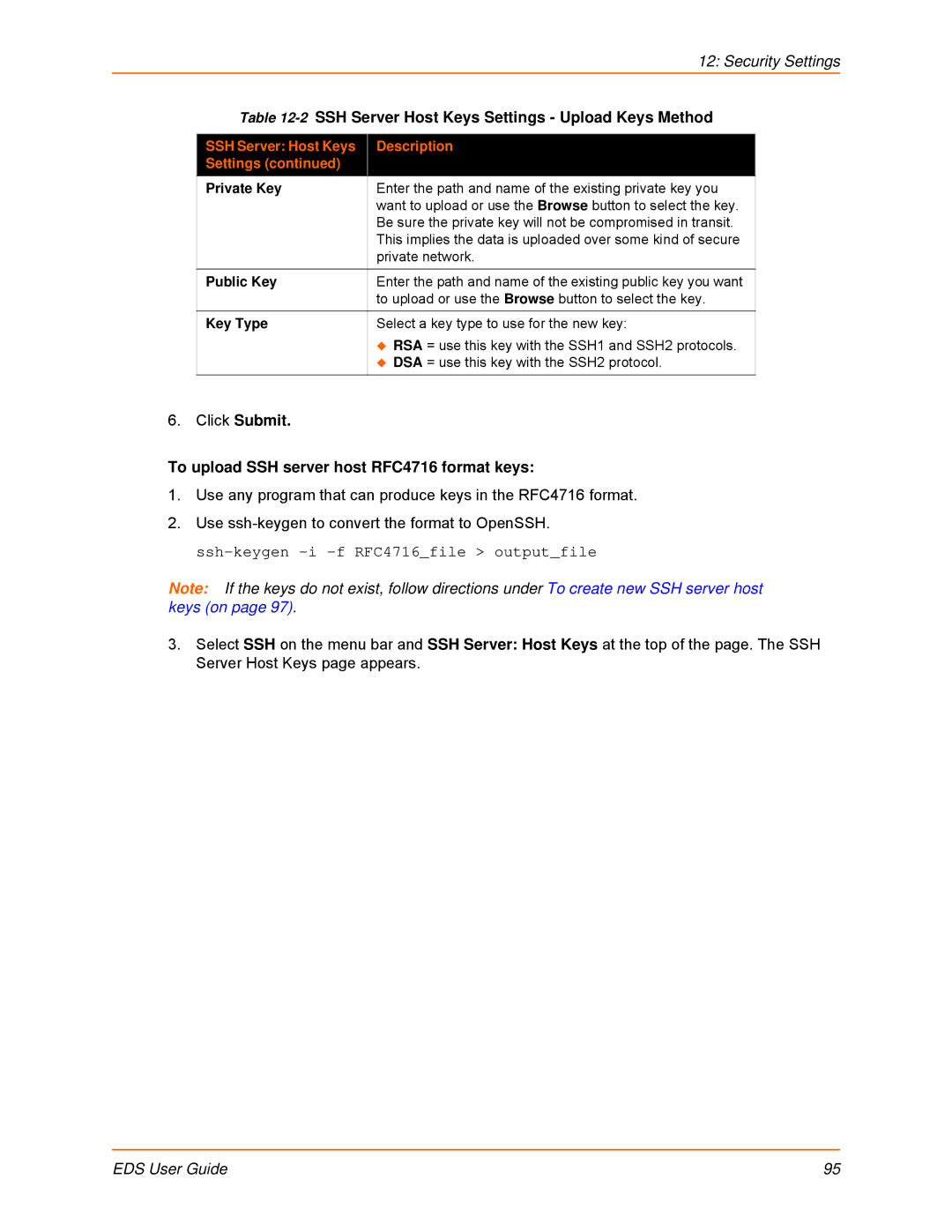 Lantronix EDS8PS, EDS32PR 2SSH Server Host Keys Settings Upload Keys Method, SSH Server Host Keys Description Settings 