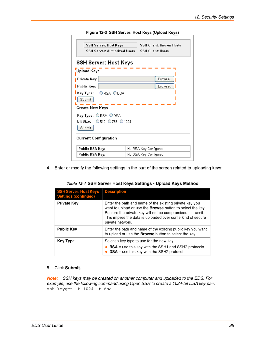 Lantronix EDS32PR, EDS16PR, EDS4100, EDS8PR, EDS16PS, EDS8PS 4SSH Server Host Keys Settings Upload Keys Method, Click Submit 