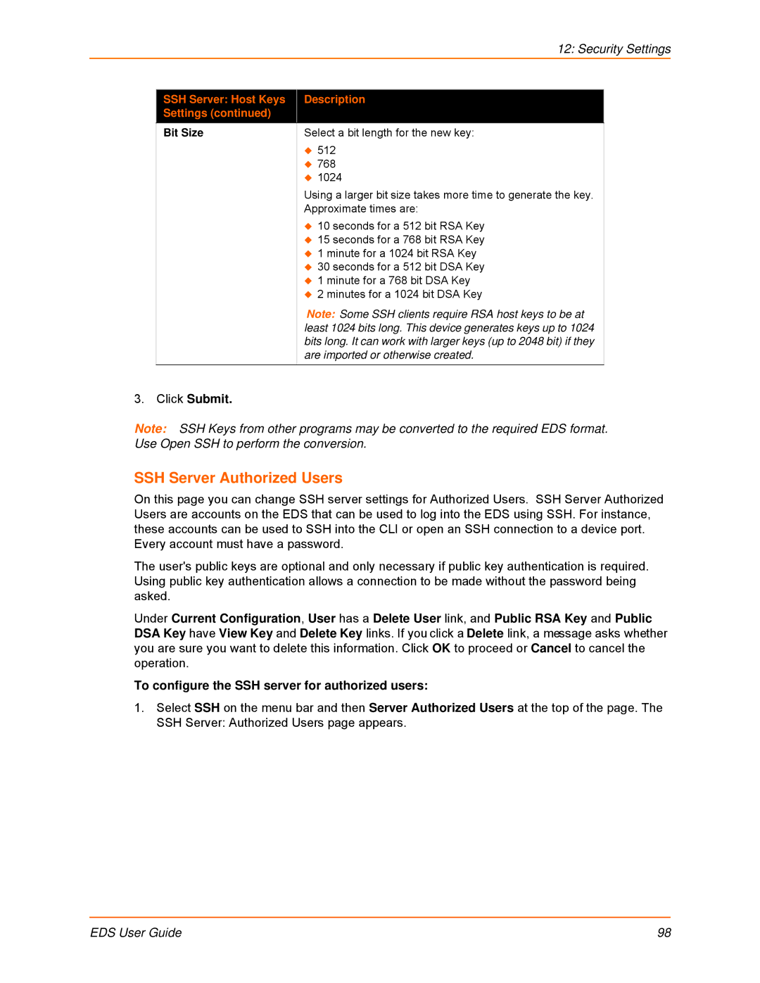 Lantronix EDS4100, EDS32PR, EDS16PR, EDS8PR, EDS16PS, EDS8PS manual SSH Server Authorized Users, Bit Size 
