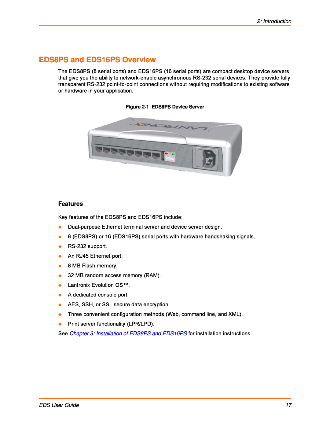 Lantronix EDS32PR, EDS16PR, EDS4100, EDS8PR manual EDS8PS and EDS16PS Overview, Features, Introduction, EDS User Guide 