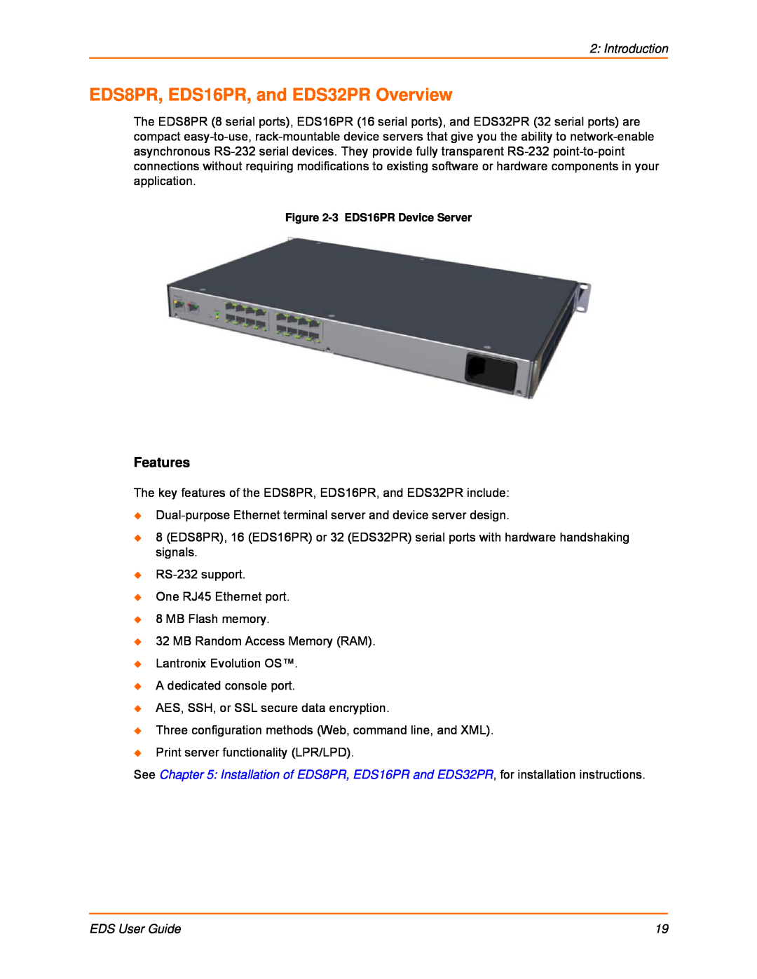 Lantronix manual EDS8PR, EDS16PR, and EDS32PR Overview, Features, Introduction, EDS User Guide, 3 EDS16PR Device Server 