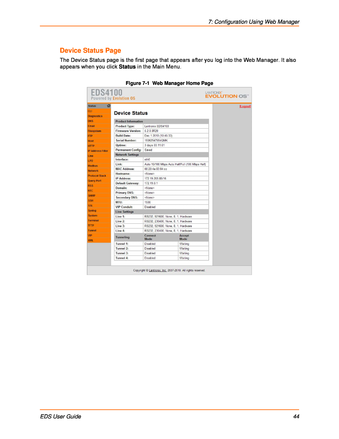 Lantronix EDS4100, EDS32PR Device Status Page, Configuration Using Web Manager, EDS User Guide, 1 Web Manager Home Page 