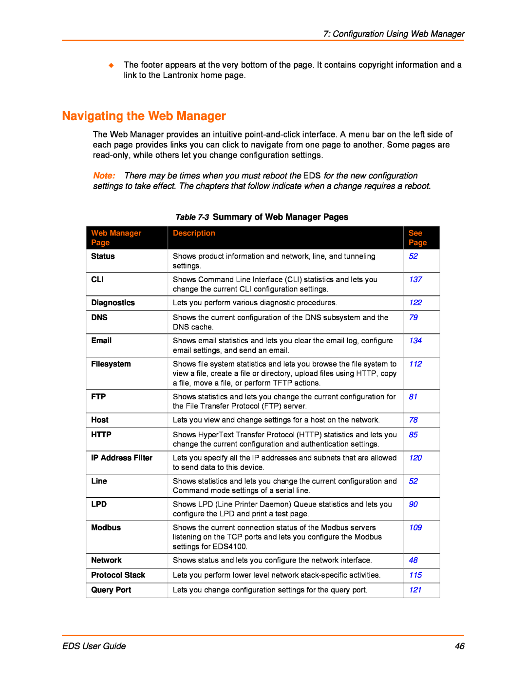 Lantronix EDS16PS, EDS32PR Navigating the Web Manager, Configuration Using Web Manager, 3 Summary of Web Manager Pages 