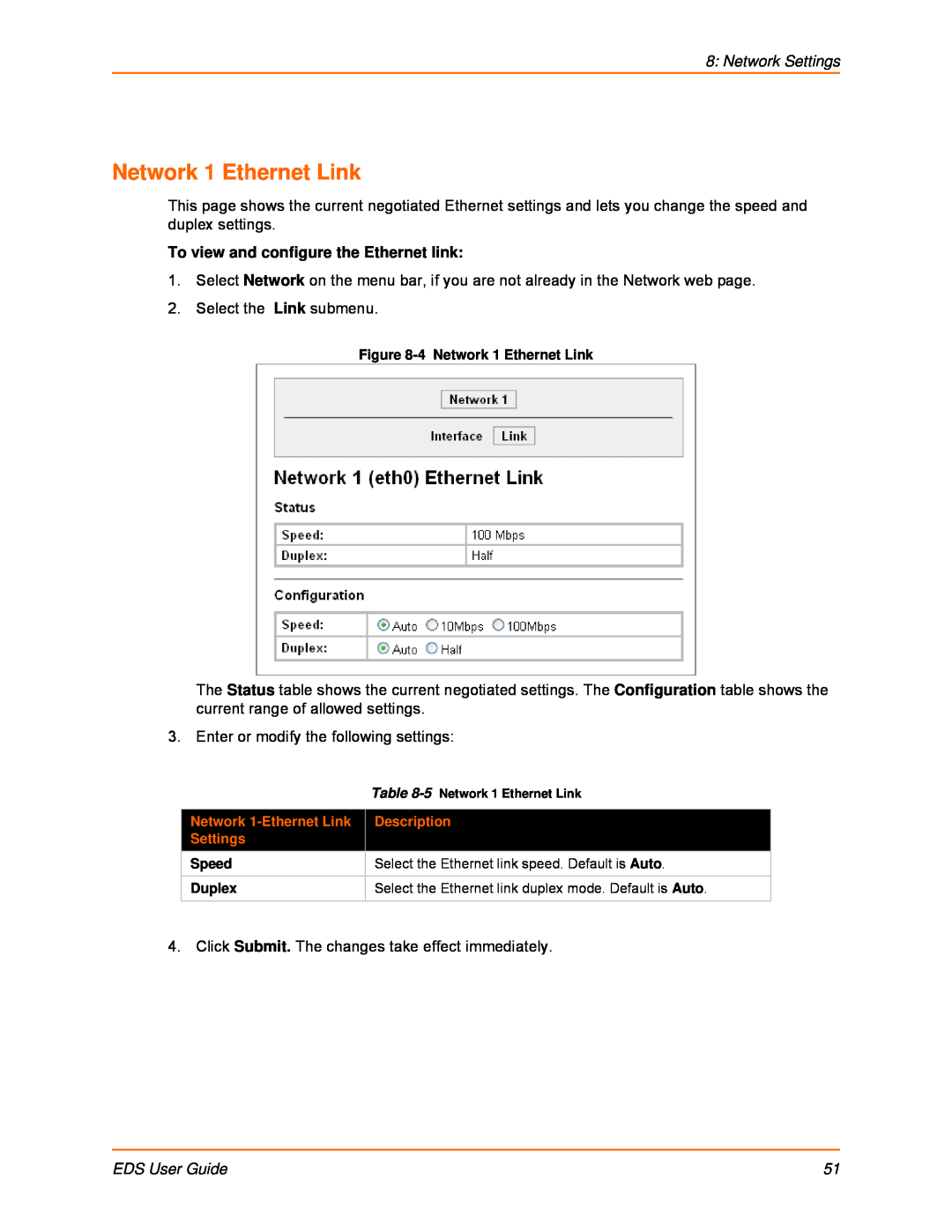 Lantronix EDS8PR manual Network 1 Ethernet Link, Network Settings, To view and configure the Ethernet link, EDS User Guide 